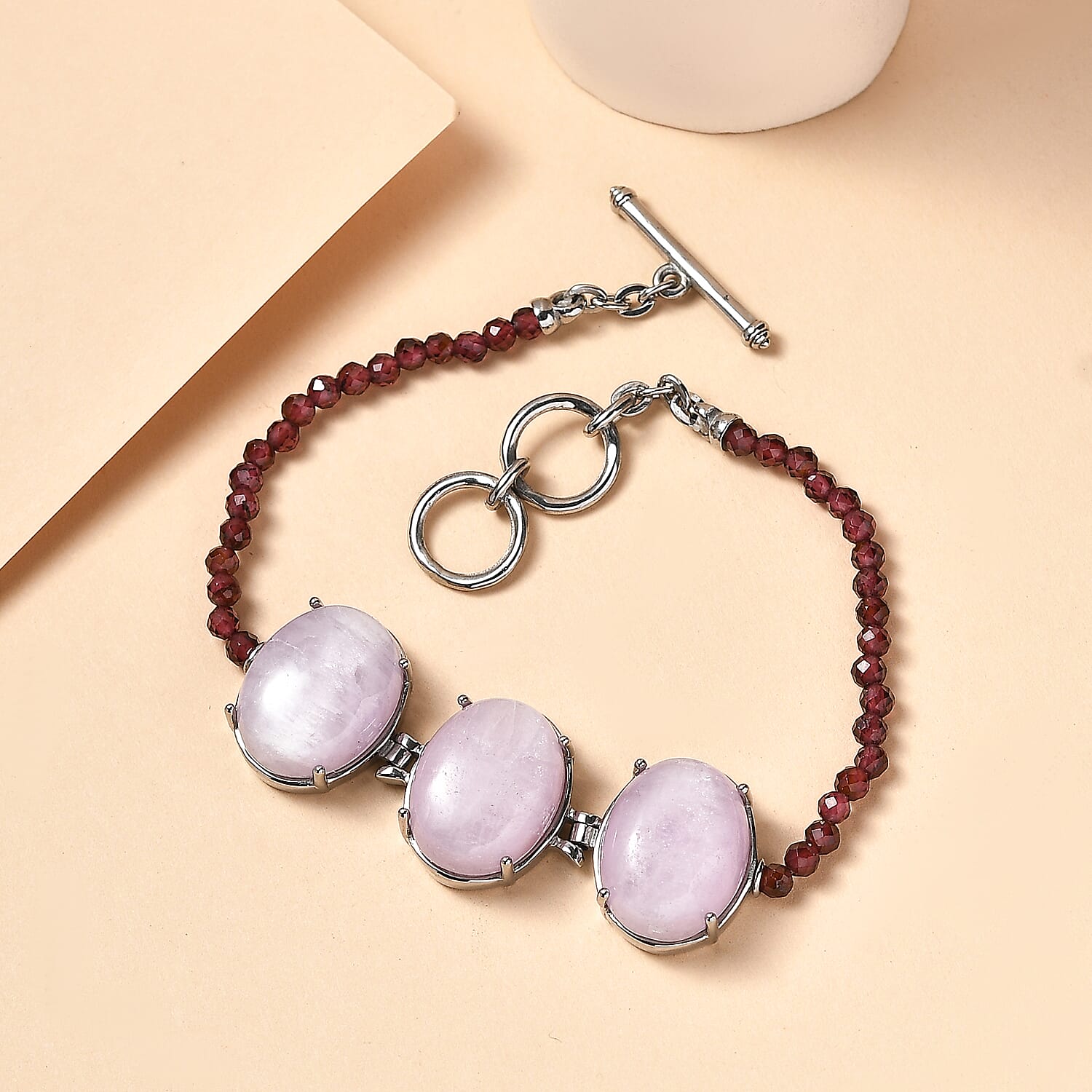 EverTrue Kunzite and Orissa Rhodolite Garnet 42.35 ctw Beaded Serenity Trio Bracelet in Stainless Steel (7.25 In)