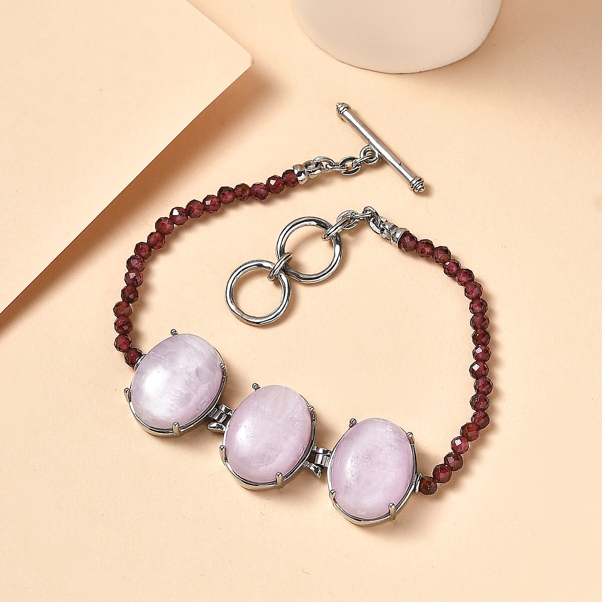 EverTrue Kunzite and Orissa Rhodolite Garnet 42.35 ctw Beaded Bracelet in Stainless Steel (7.25 In) image number 1