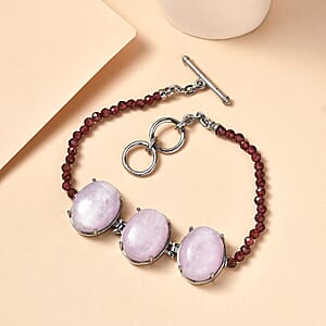 EverTrue Kunzite and Orissa Rhodolite Garnet 42.35 ctw Beaded Bracelet in Stainless Steel (7.25 In)