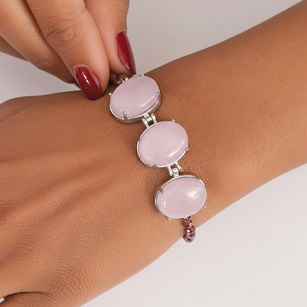 EverTrue Kunzite and Orissa Rhodolite Garnet 42.35 ctw Beaded Serenity Trio Bracelet in Stainless Steel (7.25 In)