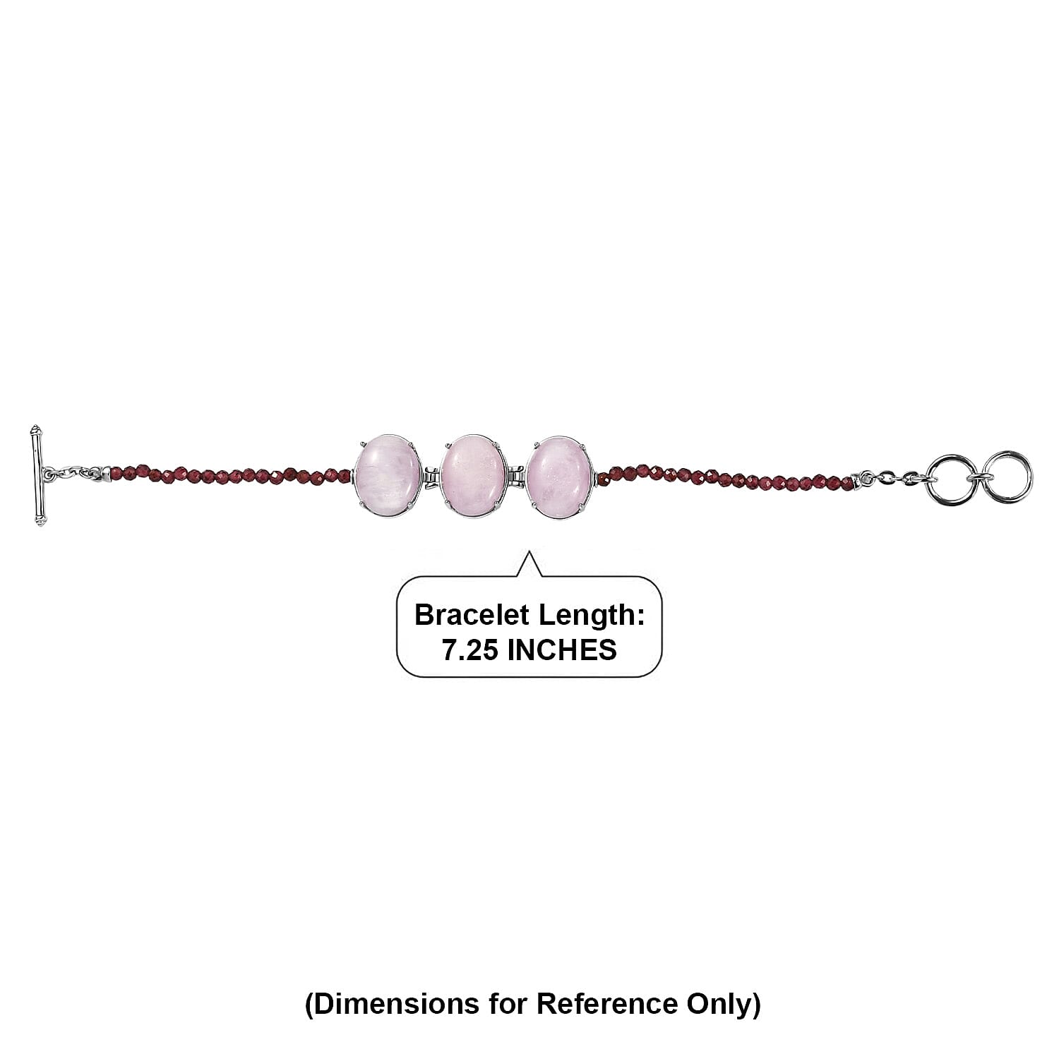 EverTrue Kunzite and Orissa Rhodolite Garnet 42.35 ctw Beaded Serenity Trio Bracelet in Stainless Steel (7.25 In)