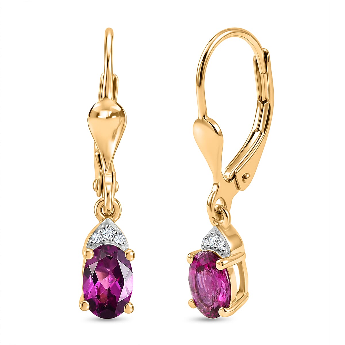 D'Joy Premium Radiant Ember Garnet and White Zircon 1.20 ctw Lever Back Earrings in 18K Yellow Gold Over Sterling Silver
