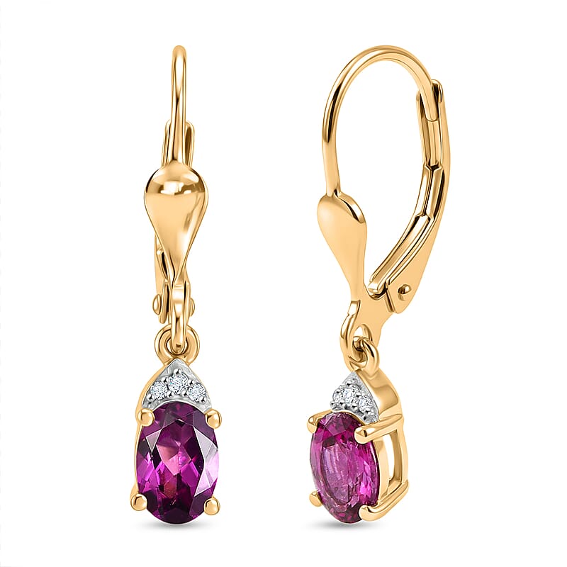 D'Joy Premium Radiant Ember Garnet and White Zircon 1.20 ctw Lever Back Earrings in 18K Yellow Gold Over Sterling Silver