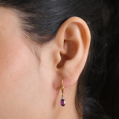 D'Joy Premium Radiant Ember Garnet and White Zircon 1.20 ctw Lever Back Earrings in 18K Yellow Gold Over Sterling Silver