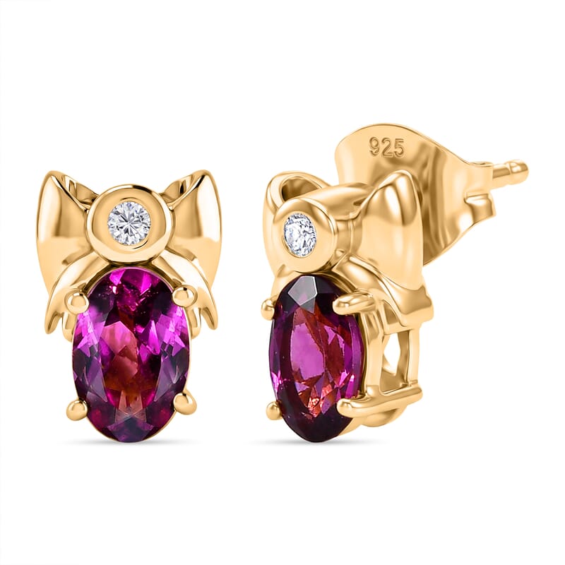 D'Joy Premium Radiant Ember Garnet and Lab Grown Diamond I1 1.20 ctw Stud Earrings in 18K Yellow Gold Over Sterling Silver