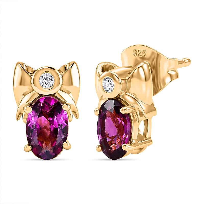 D'Joy Premium Radiant Ember Garnet and Lab Grown Diamond I1 1.20 ctw Stud Earrings in 18K Yellow Gold Over Sterling Silver