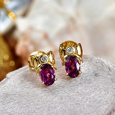 D'Joy Premium Radiant Ember Garnet and Lab Grown Diamond I1 1.20 ctw Stud Earrings in 18K Yellow Gold Over Sterling Silver