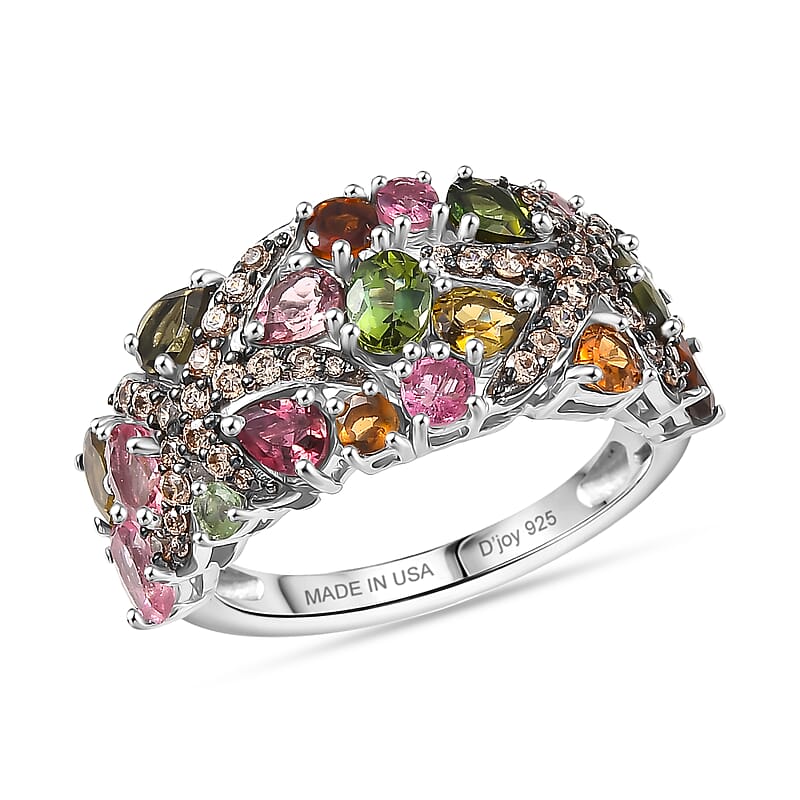 D'Joy Premium Multi-Tourmaline and Champagne Zircon 3.10 ctw Seashell Ring in Rhodium Over Sterling Silver (Size 10.0)