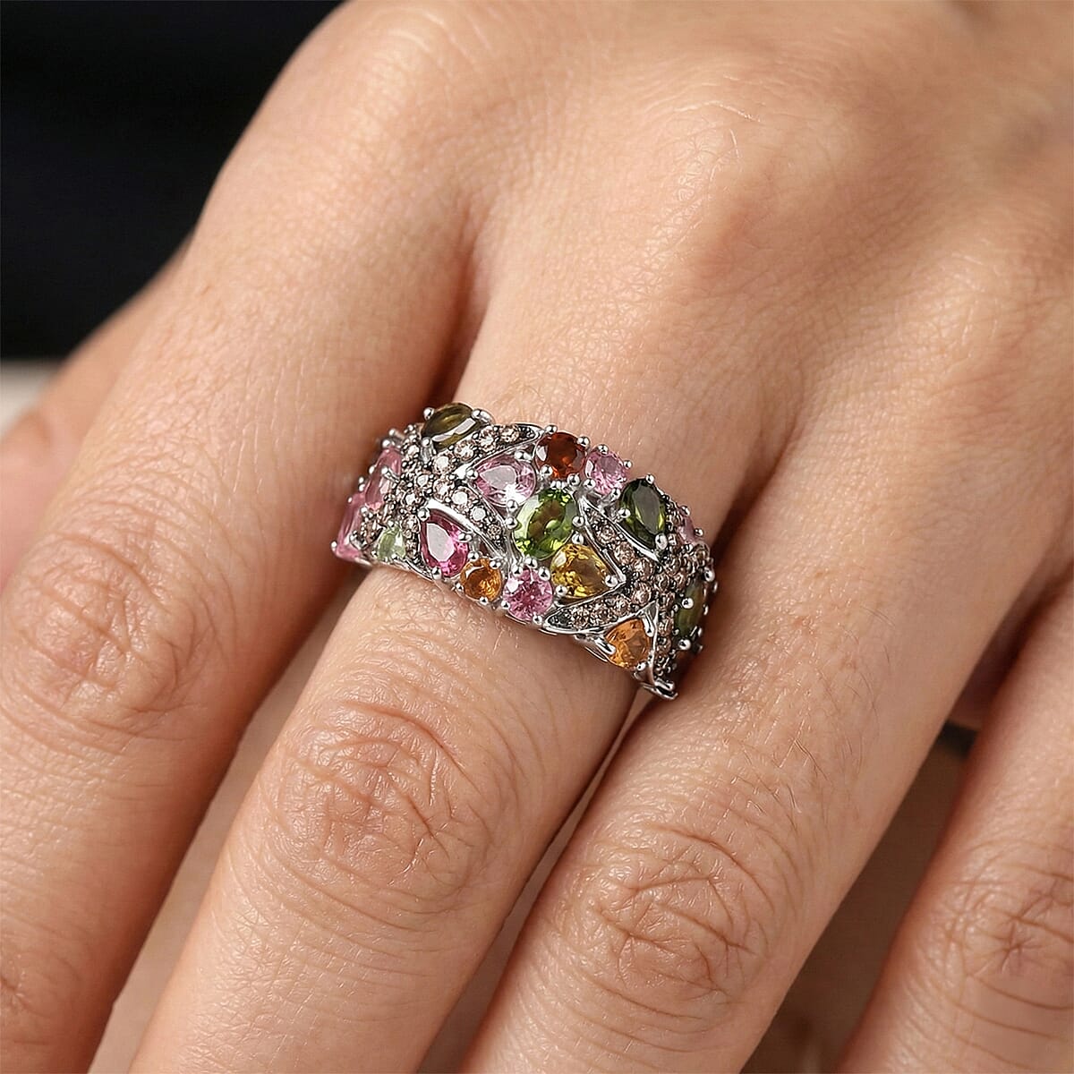 D'Joy Premium Multi-Tourmaline and Champagne Zircon 3.10 ctw Seashell Ring in Rhodium Over Sterling Silver (Size 10.0) image number 2