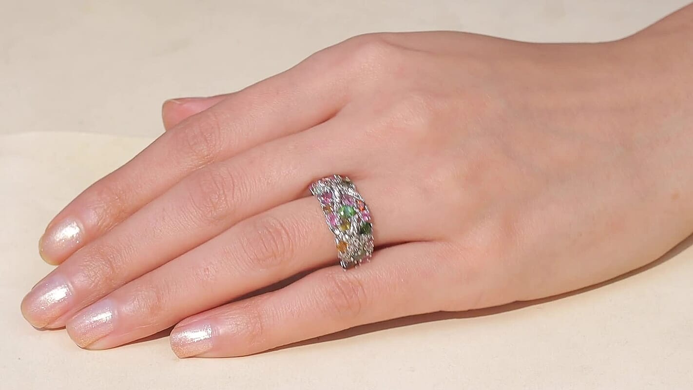 D'Joy Premium Multi-Tourmaline and Champagne Zircon 3.10 ctw Ring in Rhodium Over Sterling Silver