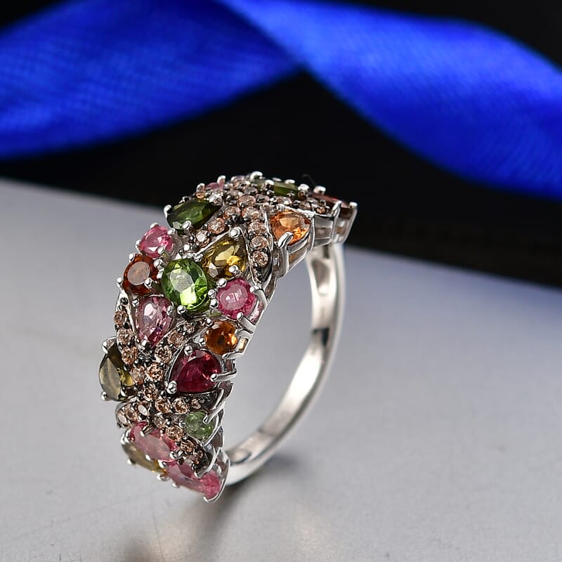 D'Joy Premium Multi-Tourmaline and Champagne Zircon 3.10 ctw Seashell Ring in Rhodium Over Sterling Silver (Size 6.0)