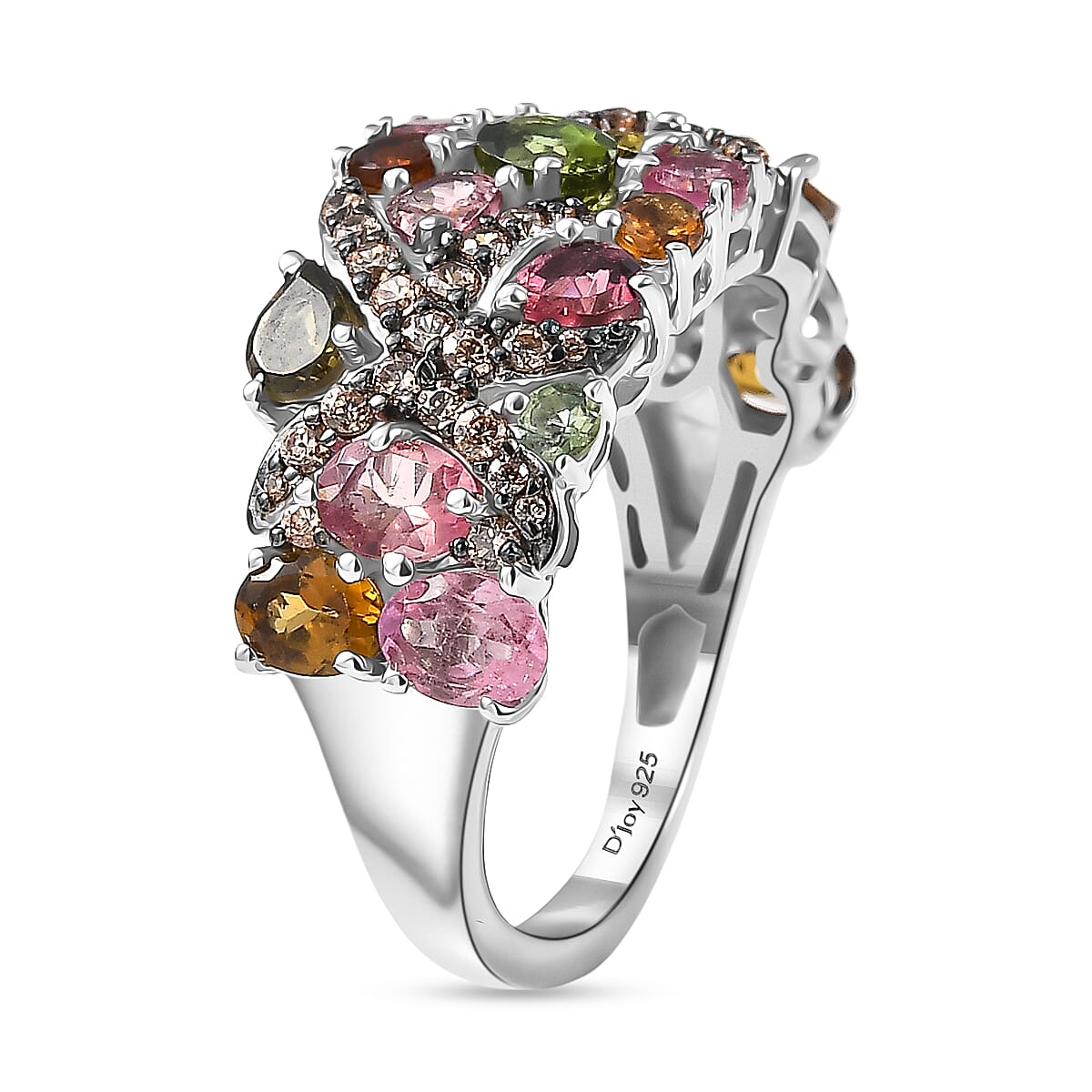 D'Joy Premium Multi-Tourmaline and Champagne Zircon 3.10 ctw Seashell Ring in Rhodium Over Sterling Silver (Size 6.0)