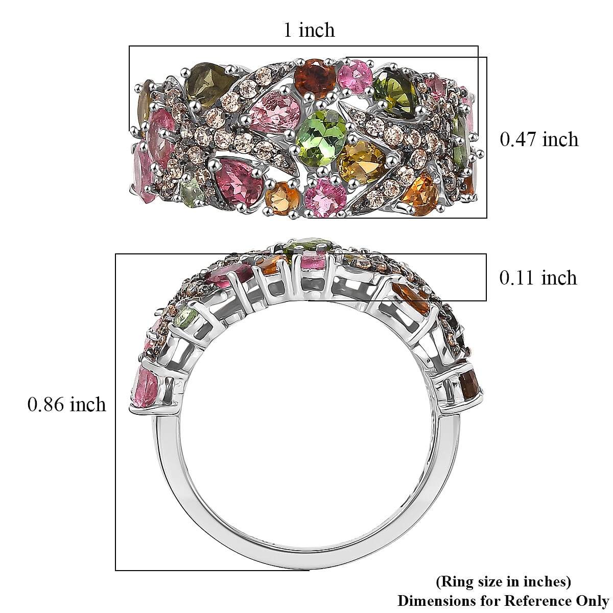 D'Joy Premium Multi-Tourmaline and Champagne Zircon 3.10 ctw Seashell Ring in Rhodium Over Sterling Silver (Size 6.0)