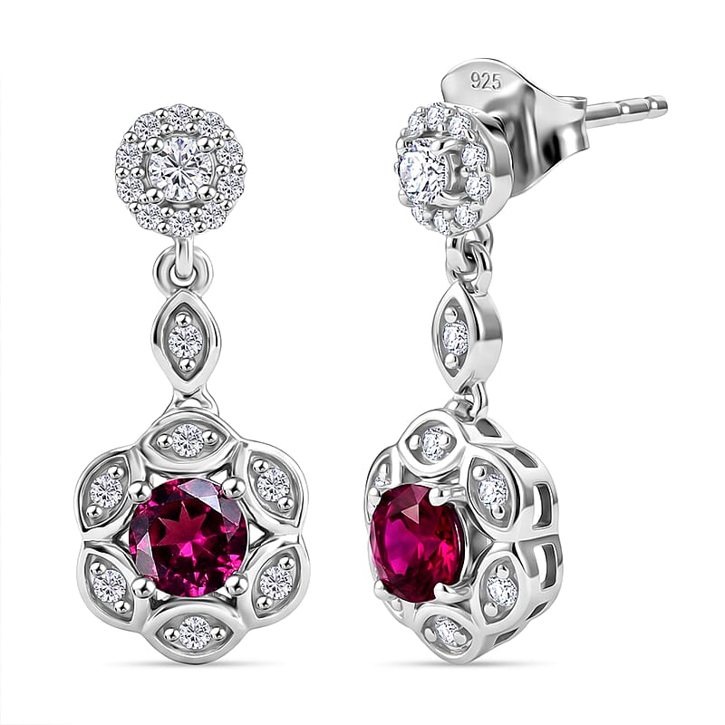D'Joy Premium Radiant Ember Garnet and White Zircon 1.55 ctw Earrings in Rhodium Over Sterling Silver