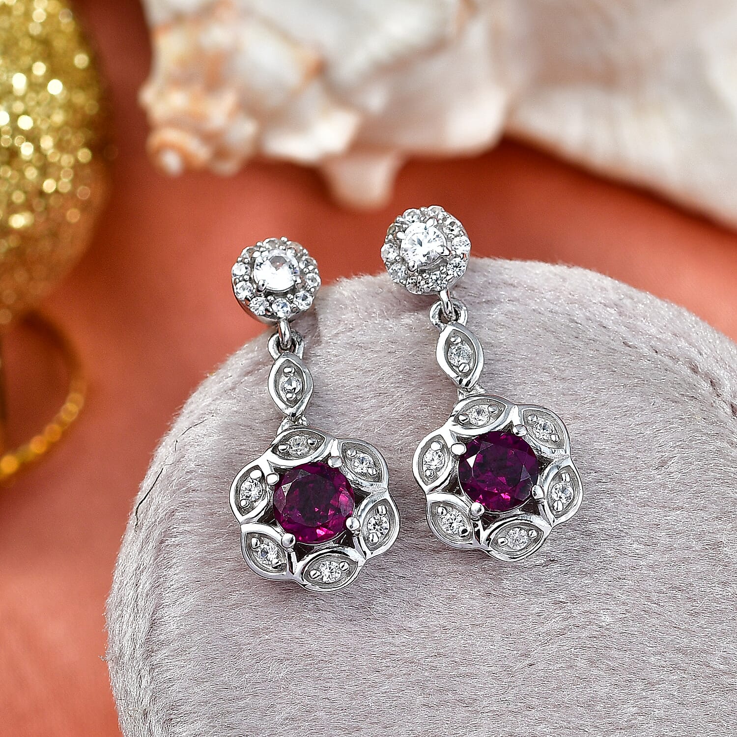 D'Joy Premium Radiant Ember Garnet and White Zircon 1.55 ctw Earrings in Rhodium Over Sterling Silver