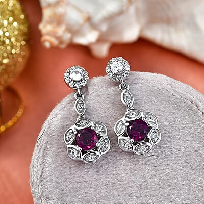 D'Joy Premium Radiant Ember Garnet and White Zircon 1.55 ctw Earrings in Rhodium Over Sterling Silver