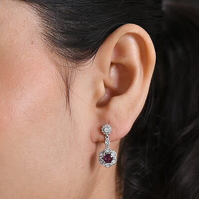 D'Joy Premium Radiant Ember Garnet and White Zircon 1.55 ctw Earrings in Rhodium Over Sterling Silver