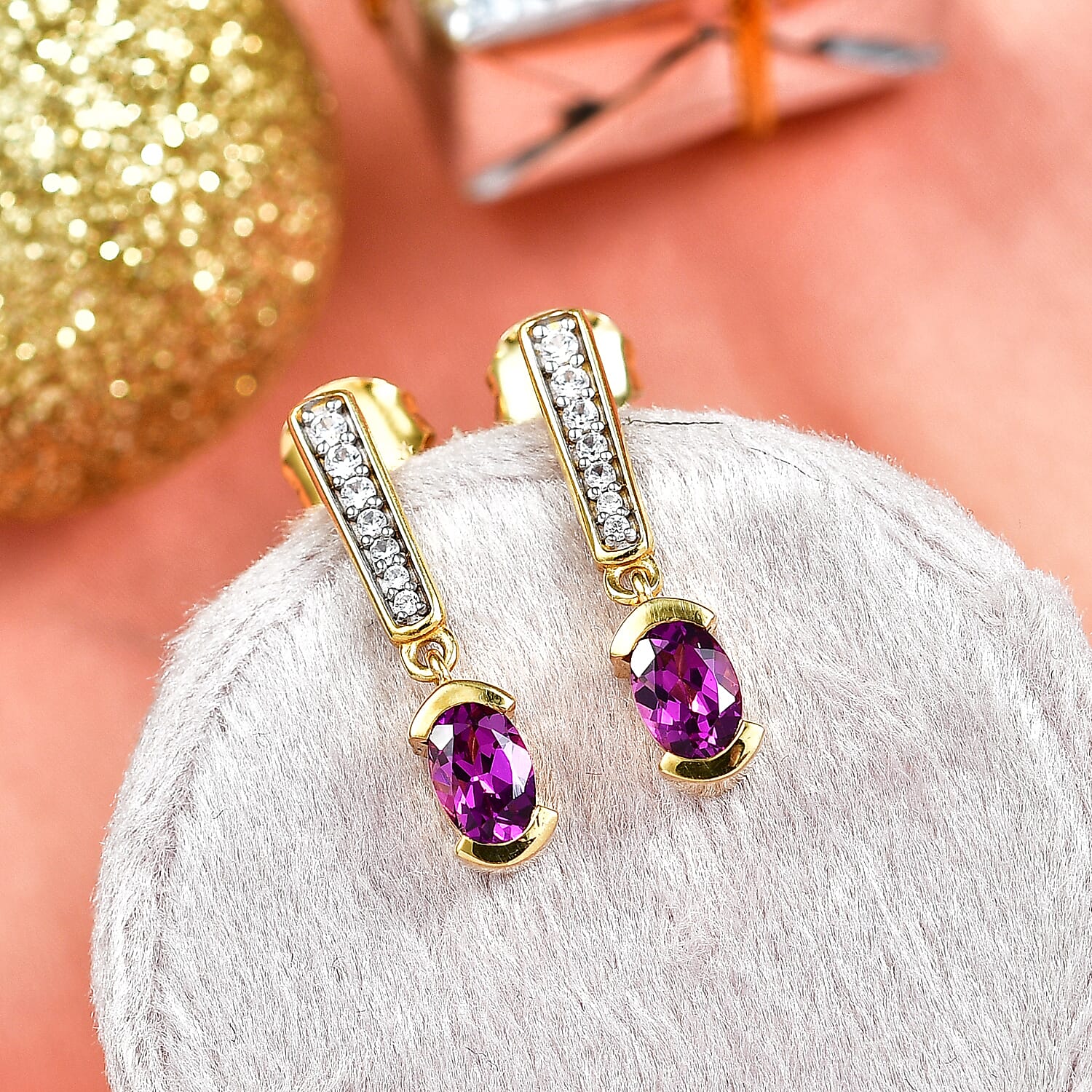 D'Joy Premium Radiant Ember Garnet and White Zircon 1.40 ctw Earrings in 18K Yellow Gold Over Sterling Silver