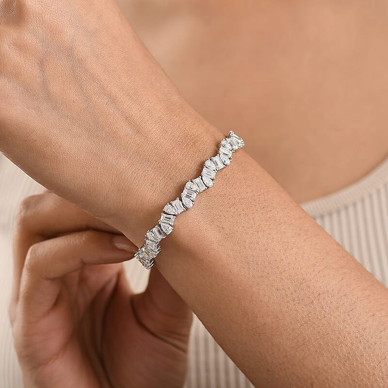 D'Joy Moissanite 12.65 ctw Sea Wave Bracelet in Rhodium Over Sterling Silver (6.50 In)