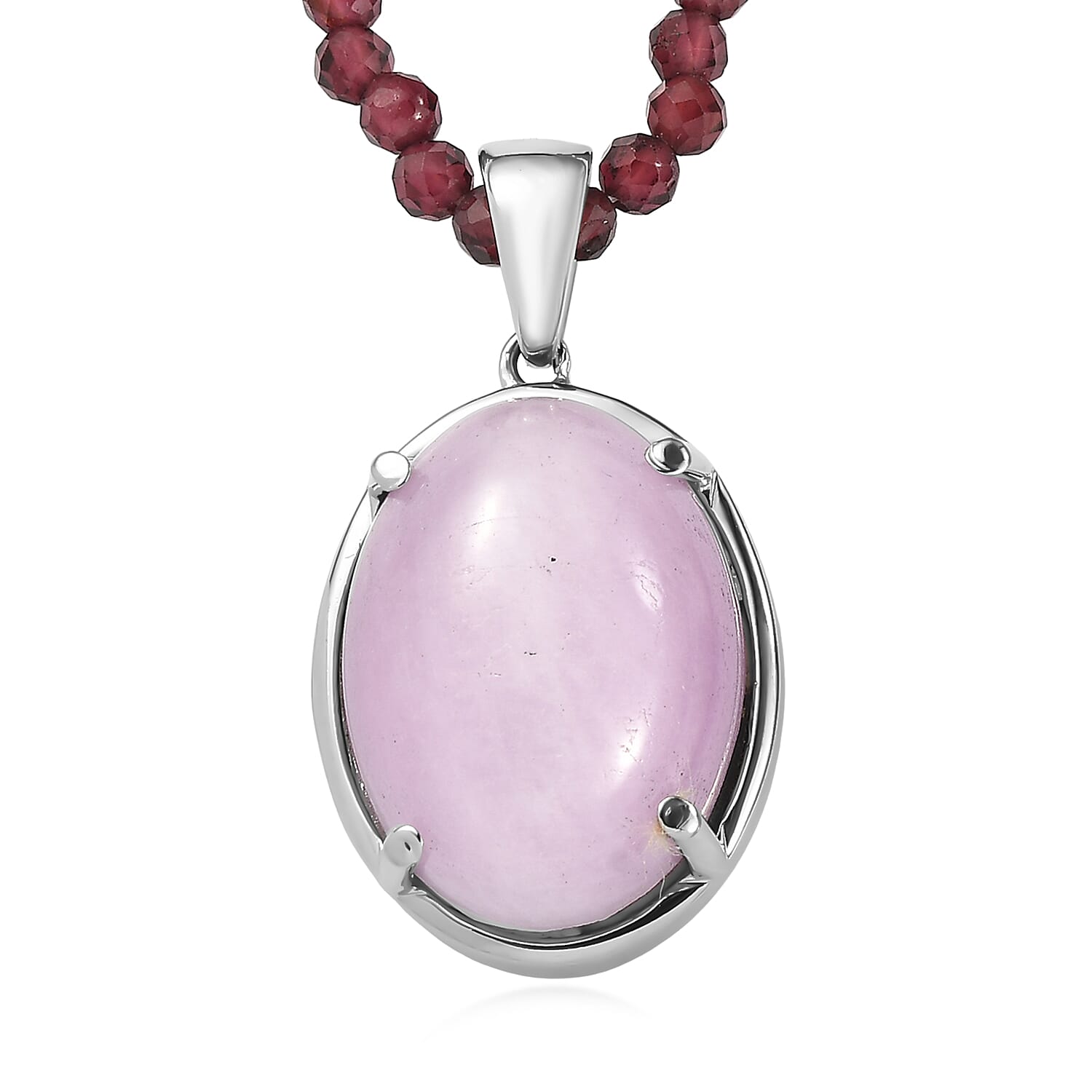 EverTrue Kunzite Royal Berry Elegance Pendant with Orissa Rhodolite Garnet Beaded Necklace in Stainless Steel 63.25 ctw (18 Inches)