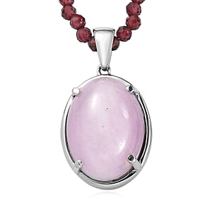 EverTrue Kunzite Pendant with Orissa Rhodolite Garnet Beaded Necklace in Stainless Steel 63.25 ctw (18 Inches)