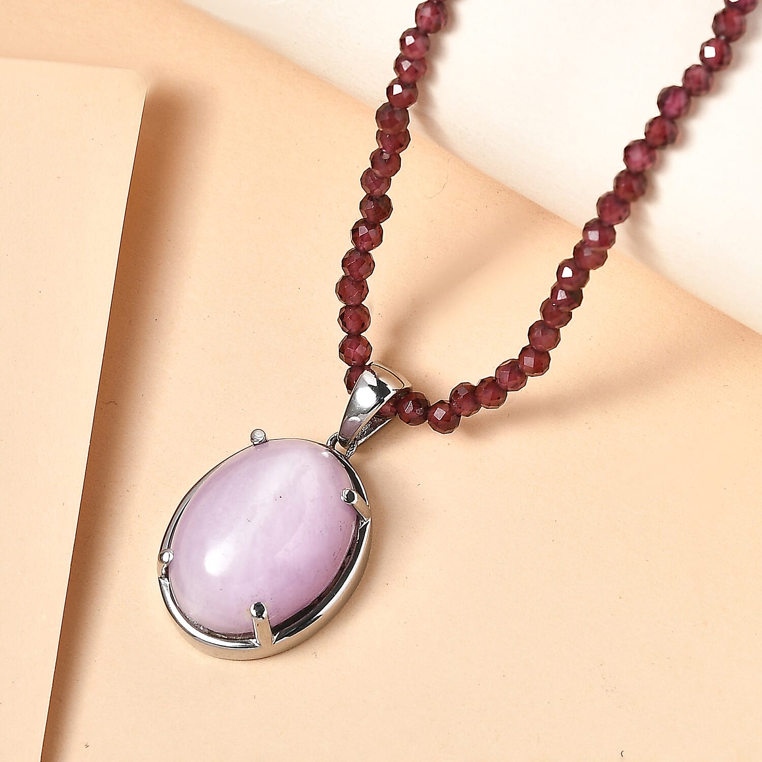 EverTrue Kunzite Royal Berry Elegance Pendant with Orissa Rhodolite Garnet Beaded Necklace in Stainless Steel 63.25 ctw (18 Inches)