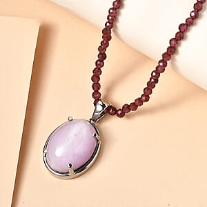 EverTrue Kunzite Pendant with Orissa Rhodolite Garnet Beaded Necklace in Stainless Steel 63.25 ctw (18 Inches)