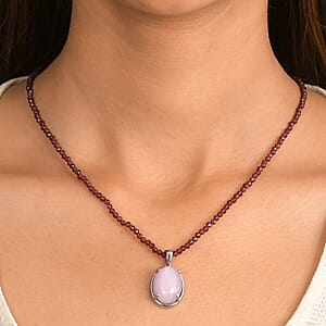 EverTrue Kunzite Pendant with Orissa Rhodolite Garnet Beaded Necklace in Stainless Steel 63.25 ctw (18 Inches)