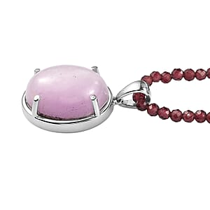 EverTrue Kunzite Pendant with Orissa Rhodolite Garnet Beaded Necklace in Stainless Steel 63.25 ctw (18 Inches)