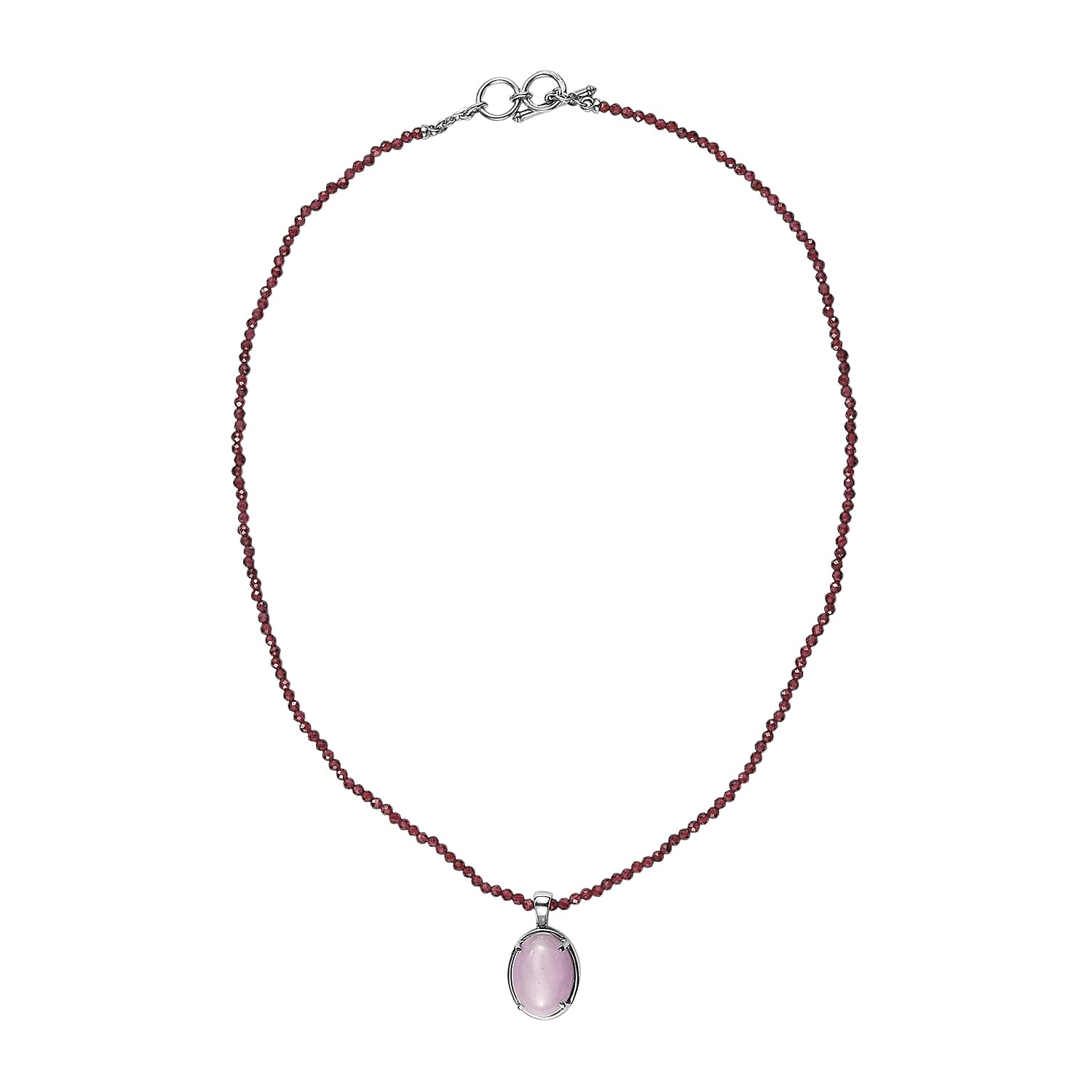 EverTrue Kunzite Royal Berry Elegance Pendant with Orissa Rhodolite Garnet Beaded Necklace in Stainless Steel 63.25 ctw (18 Inches)