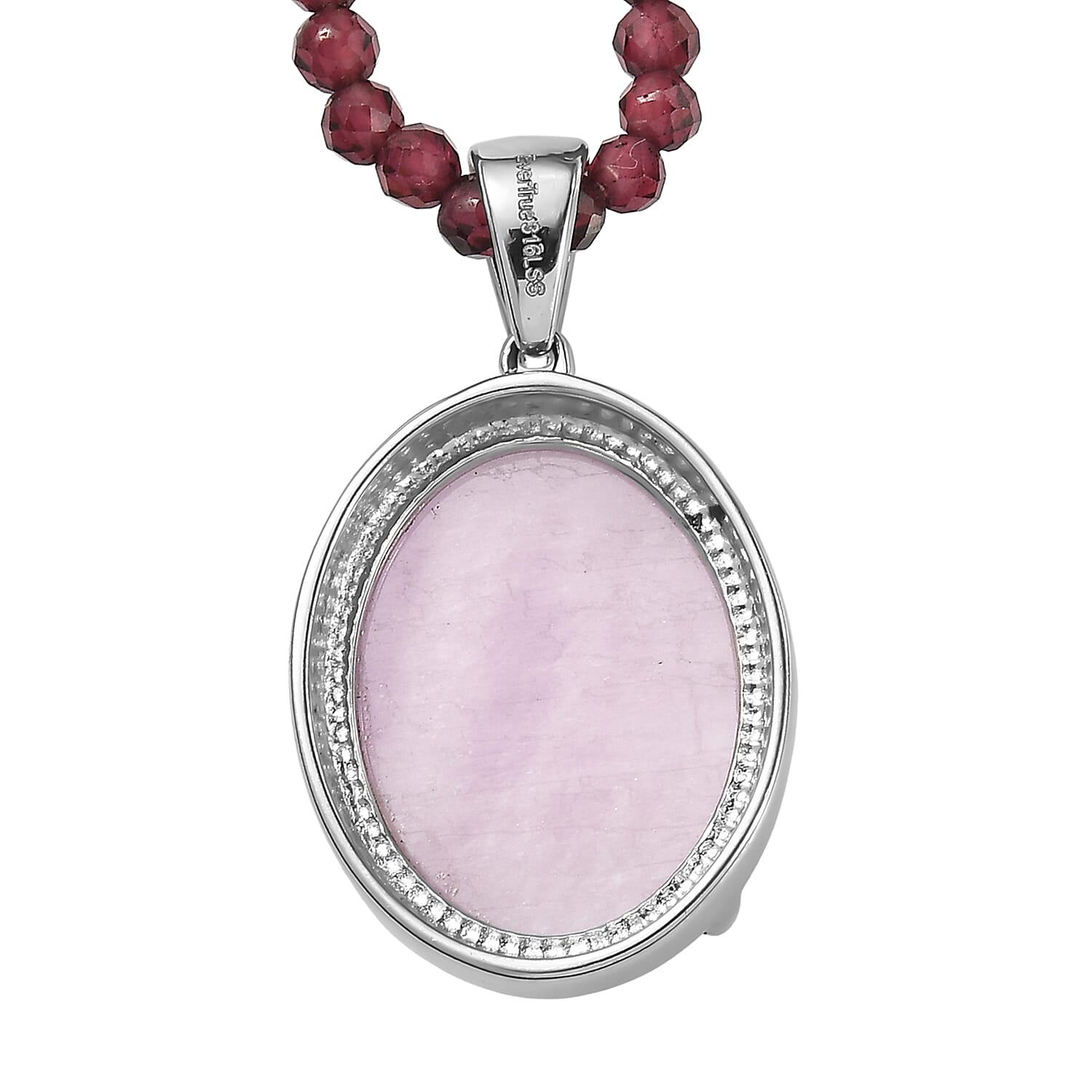 EverTrue Kunzite Royal Berry Elegance Pendant with Orissa Rhodolite Garnet Beaded Necklace in Stainless Steel 63.25 ctw (18 Inches)
