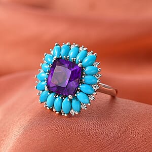 D'Joy Premium Lusaka Amethyst and Multi Gemstone 7.50 ctw Petal Halo Ring in Rhodium Over Sterling Silver (Size 10.0)