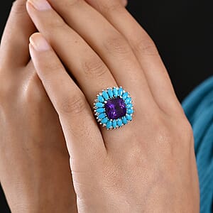 D'Joy Premium Lusaka Amethyst and Multi Gemstone 7.50 ctw Petal Halo Ring in Rhodium Over Sterling Silver (Size 10.0)