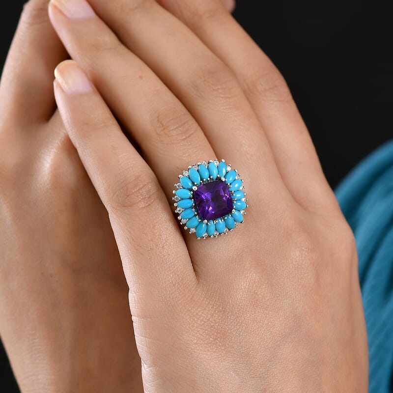D'Joy Premium Lusaka Amethyst and Multi Gemstone 7.50 ctw Petal Halo Ring in Rhodium Over Sterling Silver (Size 10.0)