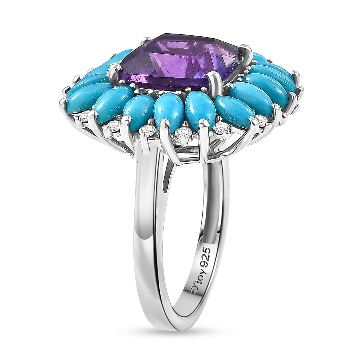 D'Joy Premium Lusaka Amethyst and Multi Gemstone 7.50 ctw Petal Halo Ring in Rhodium Over Sterling Silver (Size 10.0) image number 3