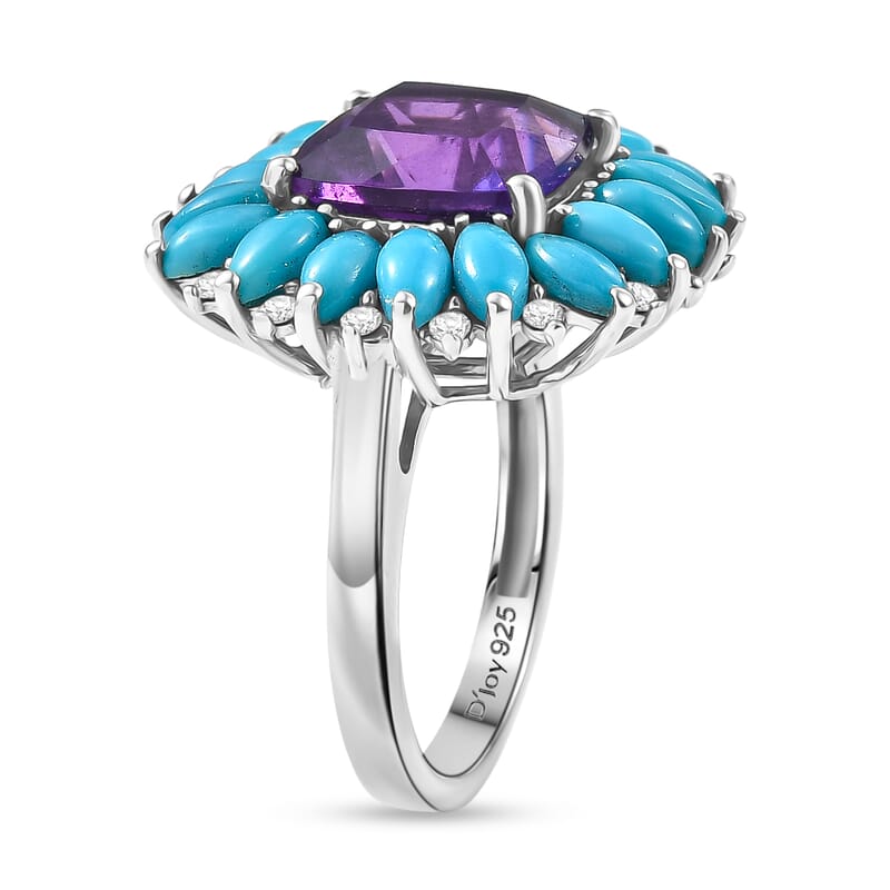 D'Joy Premium Lusaka Amethyst and Multi Gemstone 7.50 ctw Petal Halo Ring in Rhodium Over Sterling Silver (Size 10.0)