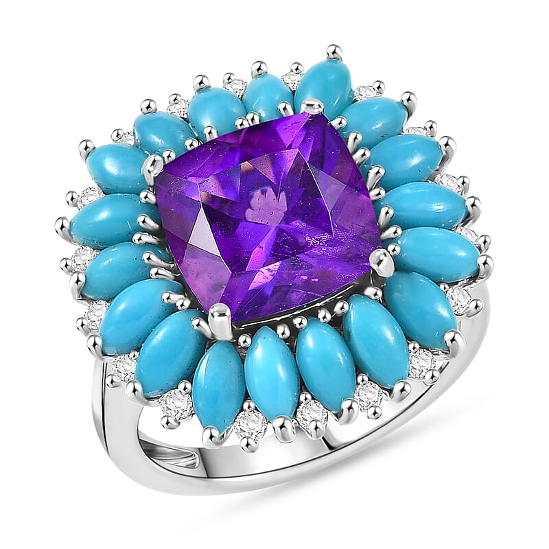 D'Joy Premium Lusaka Amethyst and Multi Gemstone 7.50 ctw Petal Halo Ring in Rhodium Over Sterling Silver (Size 7.0)