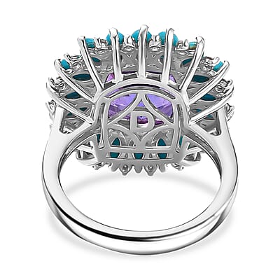 D'Joy Premium Lusaka Amethyst and Multi Gemstone 7.50 ctw Petal Halo Ring in Rhodium Over Sterling Silver (Size 7.0)