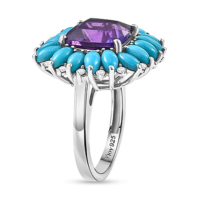 D'Joy Premium Lusaka Amethyst and Multi Gemstone 7.50 ctw Petal Halo Ring in Rhodium Over Sterling Silver (Size 8.0)