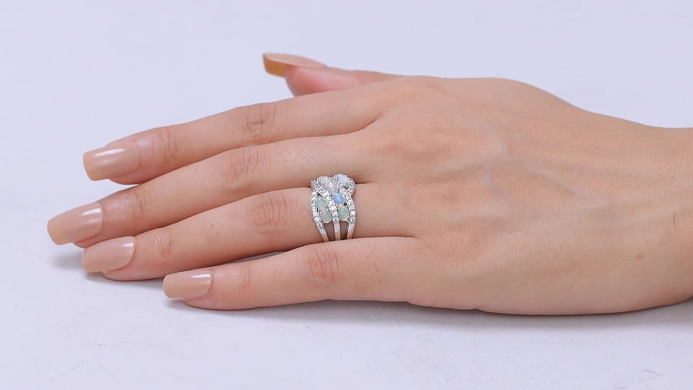 EverTrue Ethiopian Welo Opal, White Zircon Ring in Platinum Bond (Size 10.0) 1.85 ctw