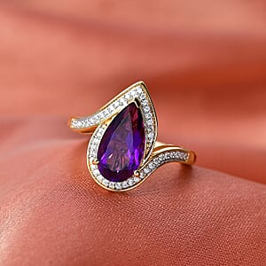 D'Joy Premium Lusaka Amethyst and Moissanite 2.50 ctw Oceanic Wave Ring in 18K Vermeil Yellow Gold Over Sterling Silver (Size 10.0)