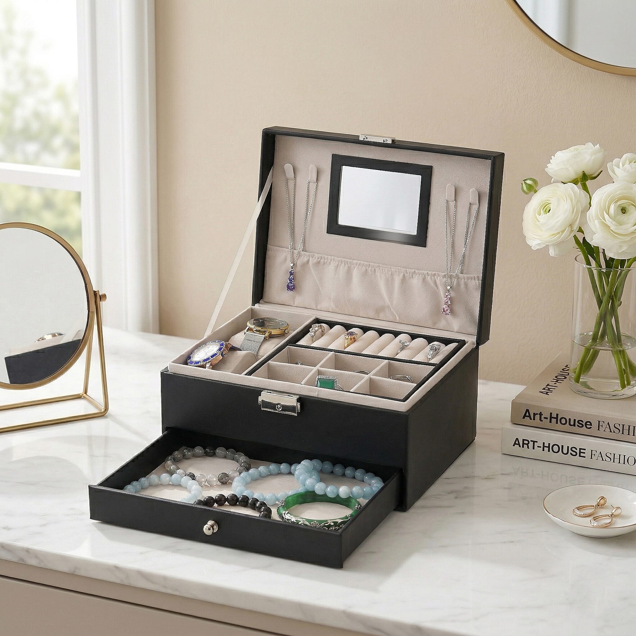 Livmore Black Faux Leather 2 Layer Jewelry Box with One Drawer
