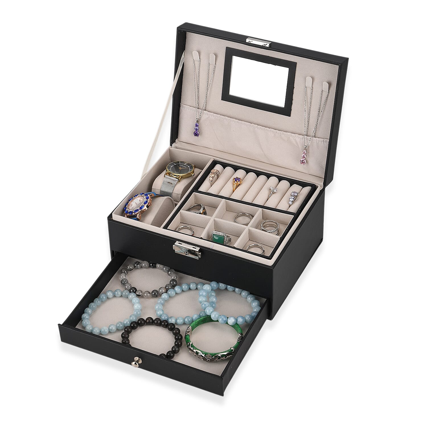 Livmore Black Faux Leather 2 Layer Jewelry Box with One Drawer