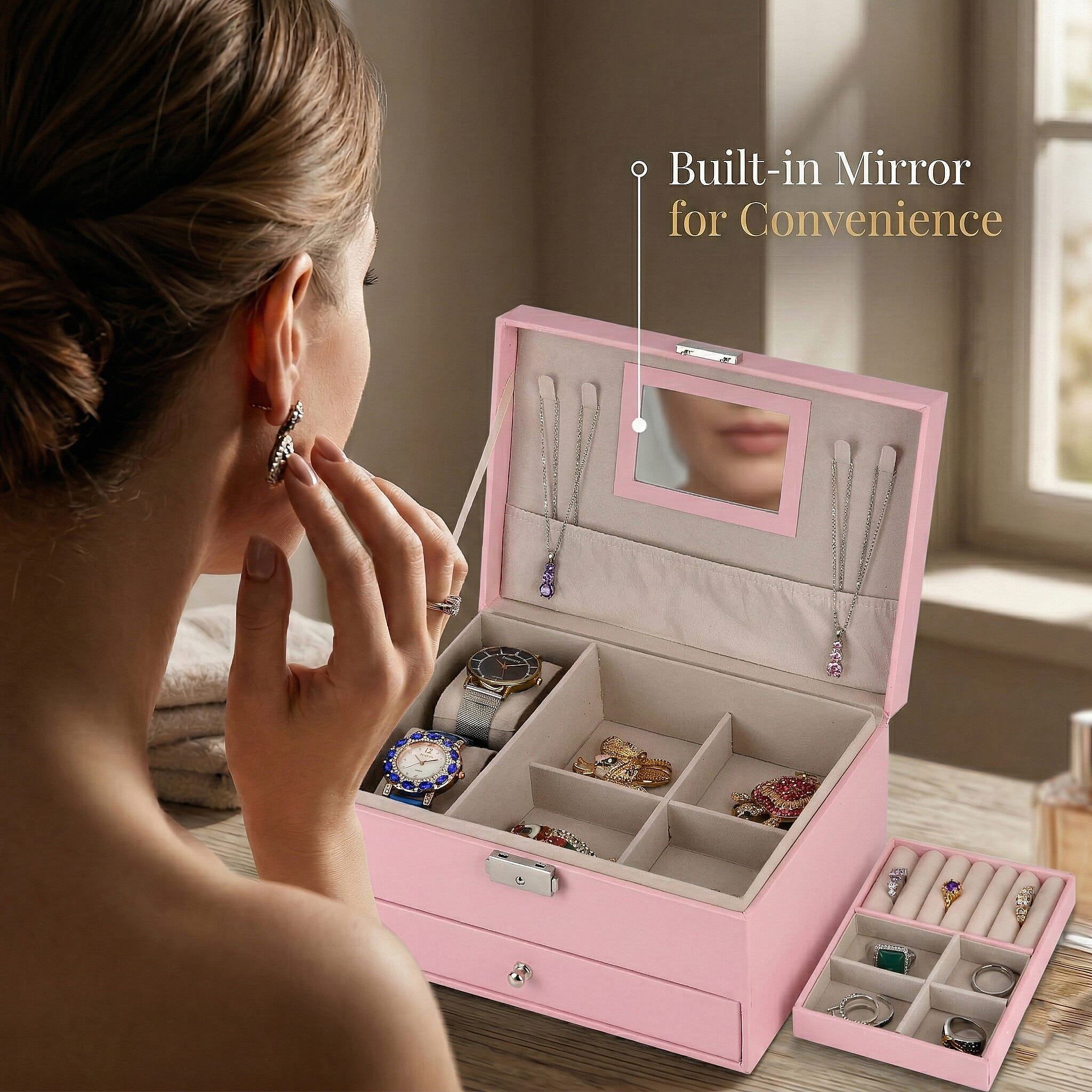 Livmore Pink Faux Leather 2 Layer Jewelry Box with One Drawer