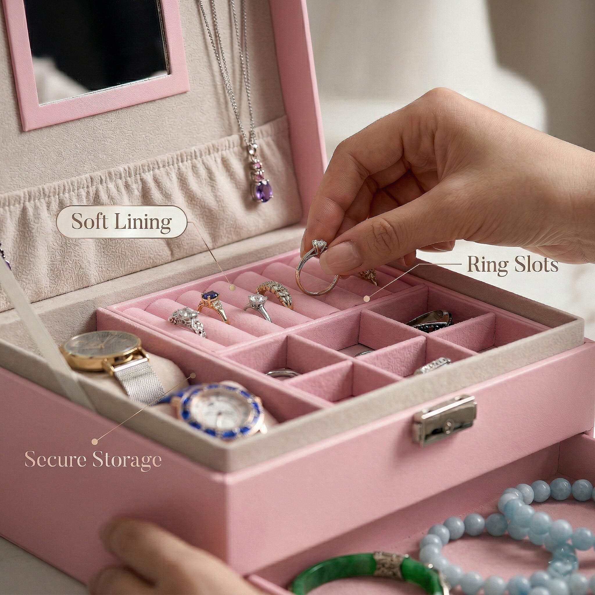 Livmore Pink Faux Leather 2 Layer Jewelry Box with One Drawer