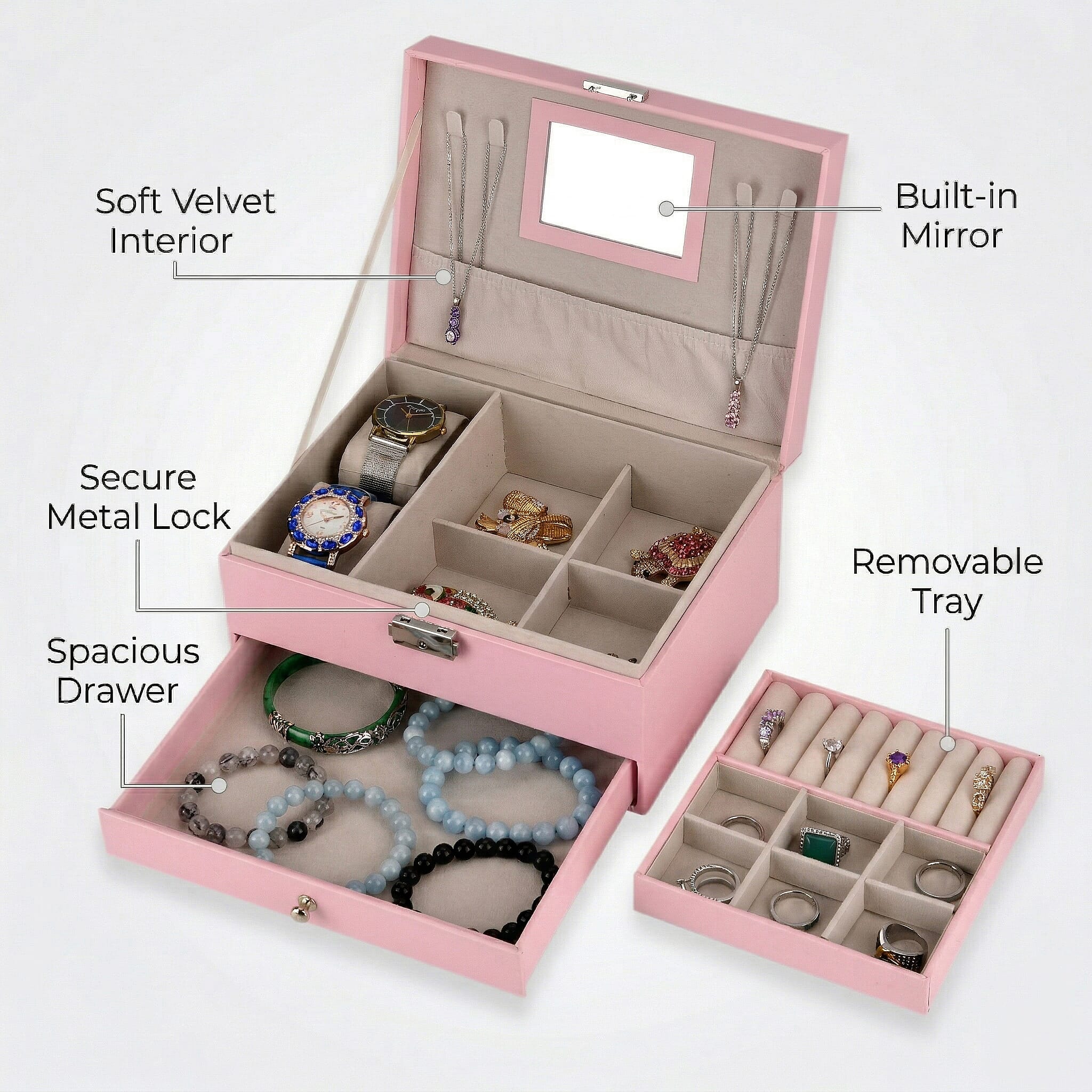 Livmore Pink Faux Leather 2 Layer Jewelry Box with One Drawer