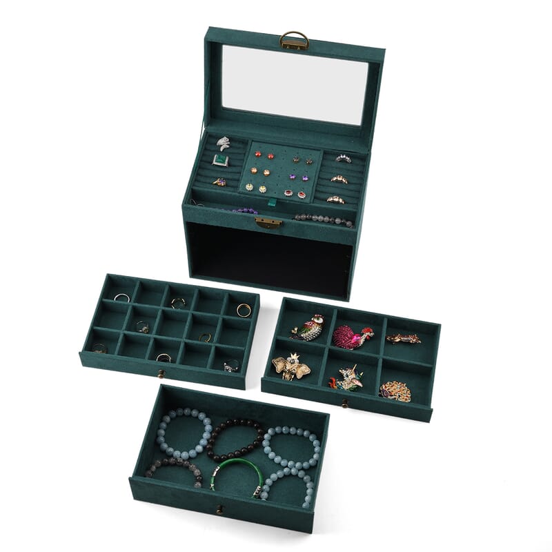 Livmore Green Velvet Anti Tarnish 4 Layer Jewelry Box