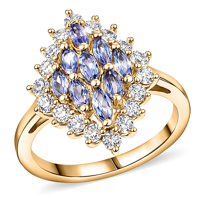 EverTrue Tanzanite and White Zircon 1.70 ctw Blue Flame Ring in 18K YG Plated (Size 10.0)