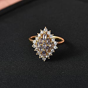 EverTrue Tanzanite and White Zircon 1.70 ctw Blue Flame Ring in 18K YG Plated (Size 10.0) (Del. In 8-10 Days)