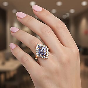 EverTrue Tanzanite and White Zircon 1.70 ctw Blue Flame Ring in 18K YG Plated (Size 10.0) (Del. In 8-10 Days)